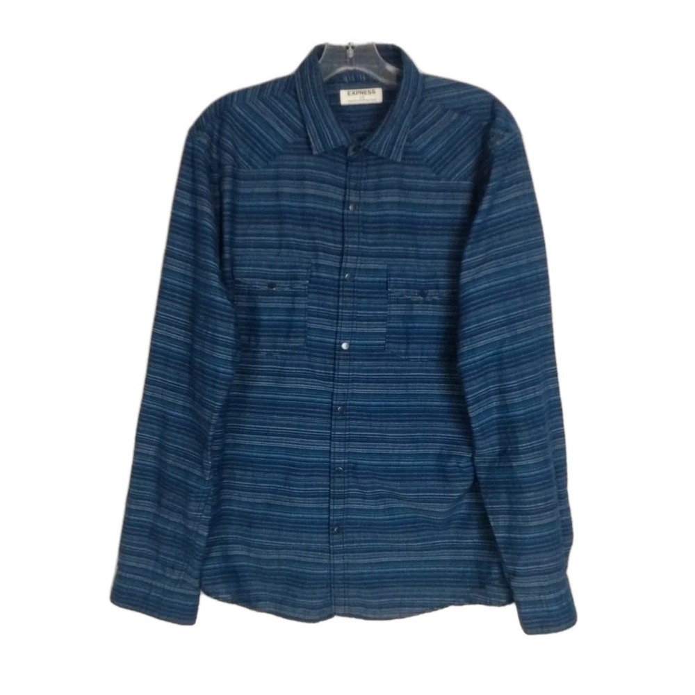 Express Men's Blue Striped Snap Button Up Shirt Long Sleeve Large